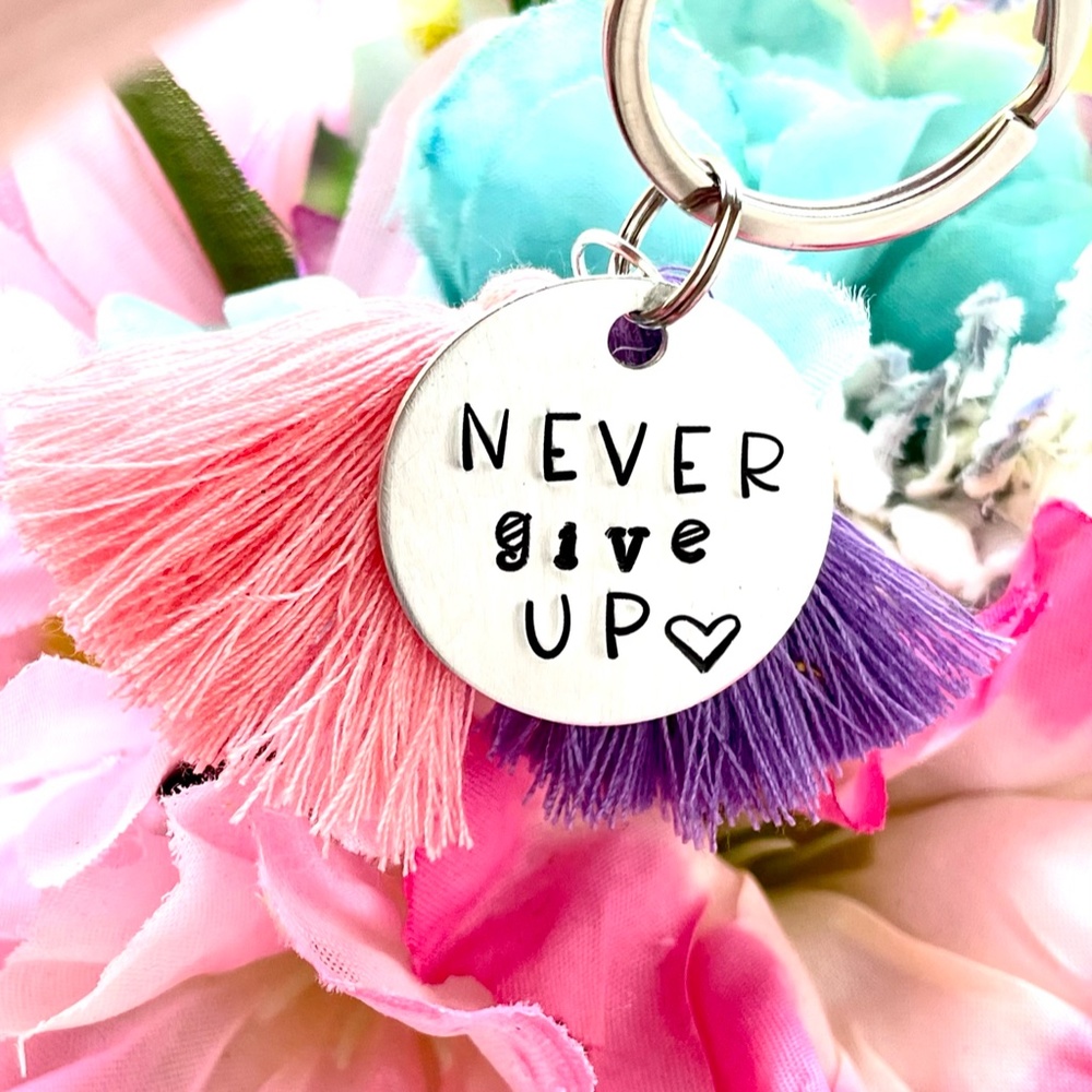 Never Give Up - Encouragement Gift - Hand Stamped Keychain - Hand Stamped Gifts - Picture 3 of 4